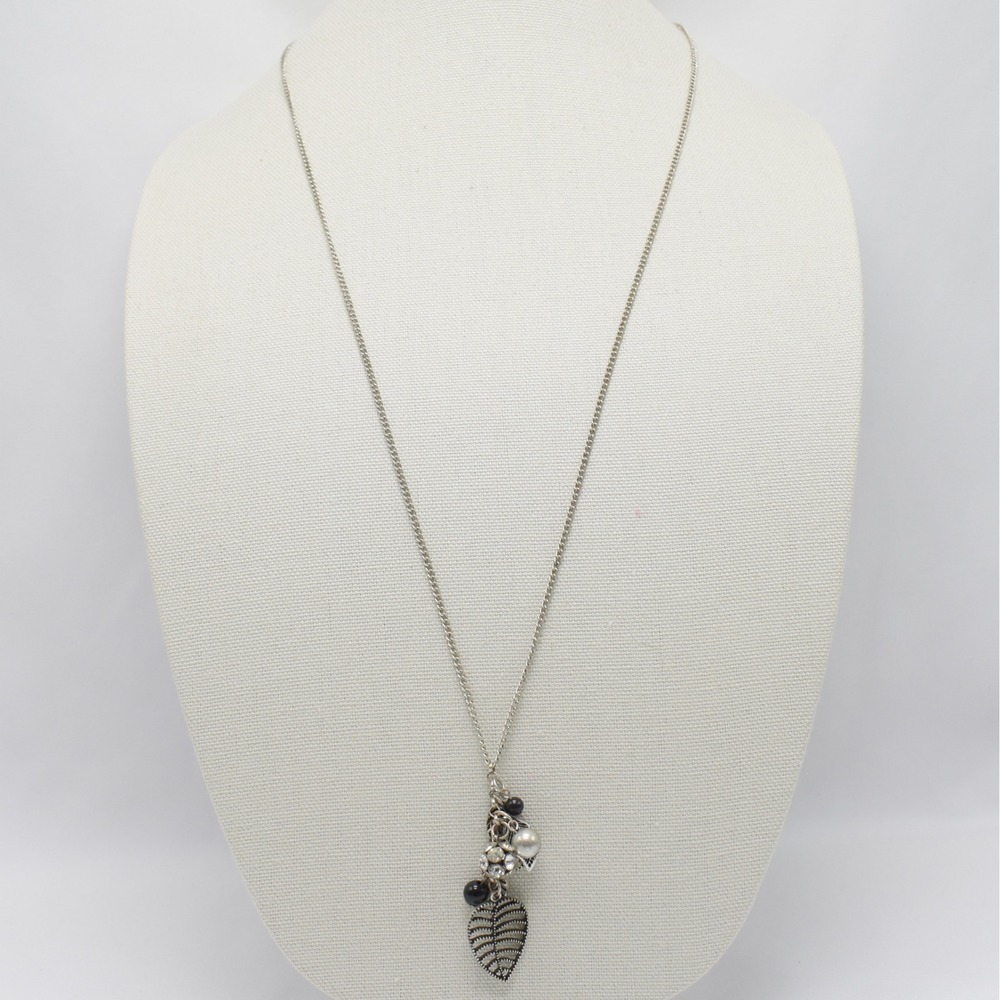 Boho Leaf Cluster Pendant Charm Necklace Silver Black Statement Rhinestone Y2K